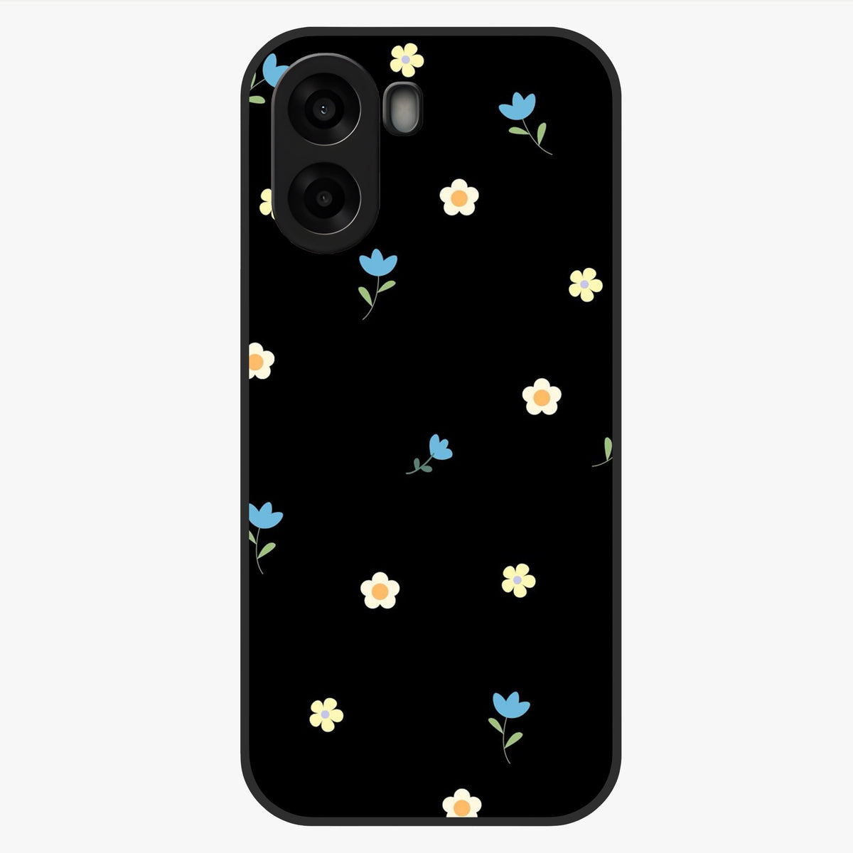 Minimalistic Blue With White Flower Pattern Glass Case showing flat back view with blue background and white flower pattern and glossy glass finish.