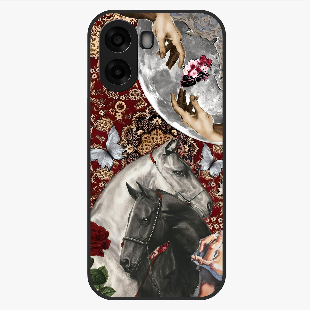 Moonlit Royal Stallion Glass Case showing flat back view with majestic horse under moonlight artwork and glossy glass finish.