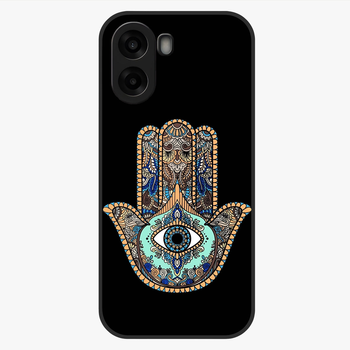Mystic Hamsa Eye Glass Case showing flat back view with protective hamsa hand and evil eye artwork and glossy glass finish.