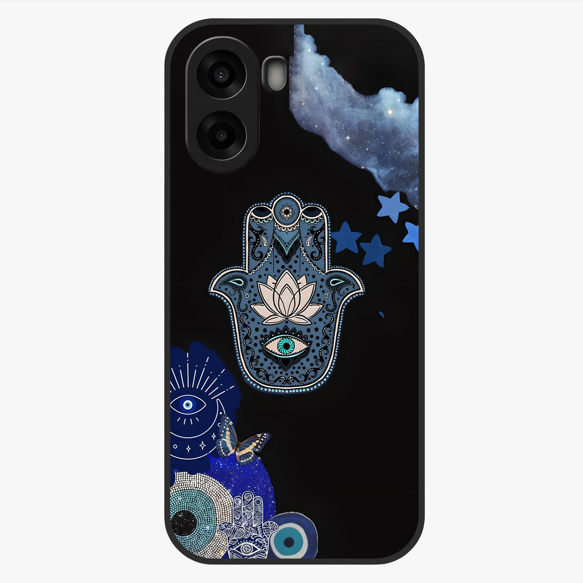 Mystic Hand Aura Glass Case showing flat back view with mystical hand symbol artwork and glossy glass finish.