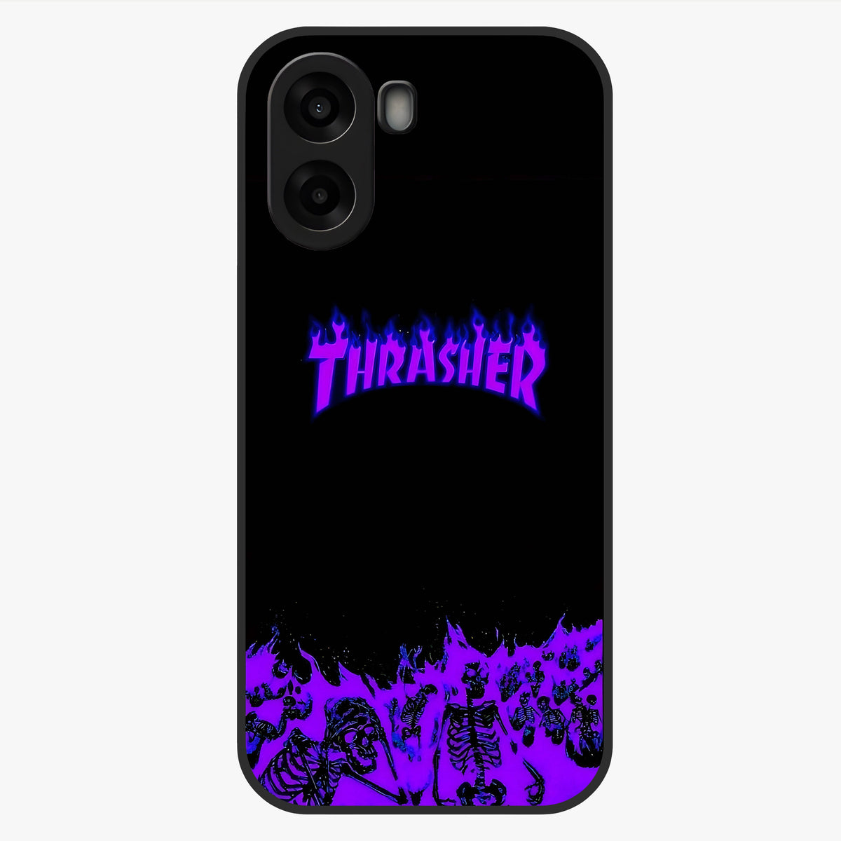 Neon Flame Riot Glass Case showing flat back view with neon flame artwork and glossy glass finish.