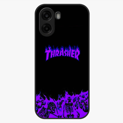 Neon Flame Riot Glass Case showing flat back view with neon flame artwork and glossy glass finish.
