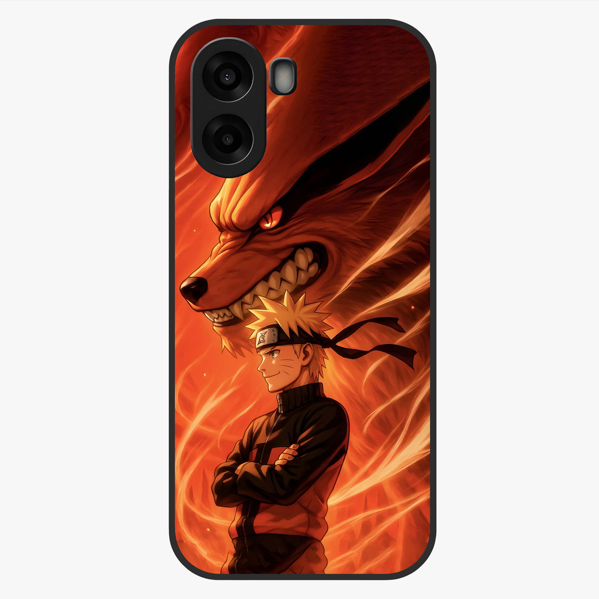 Nine Tails Legacy Glass Case showing flat back view with powerful nine-tailed fox inspired artwork and glossy glass finish.