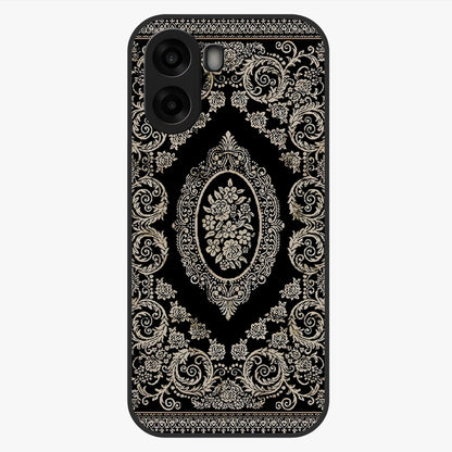 Noir Bloom Elegance Glass Case showing flat back view with elegant dark floral artwork and glossy glass finish.