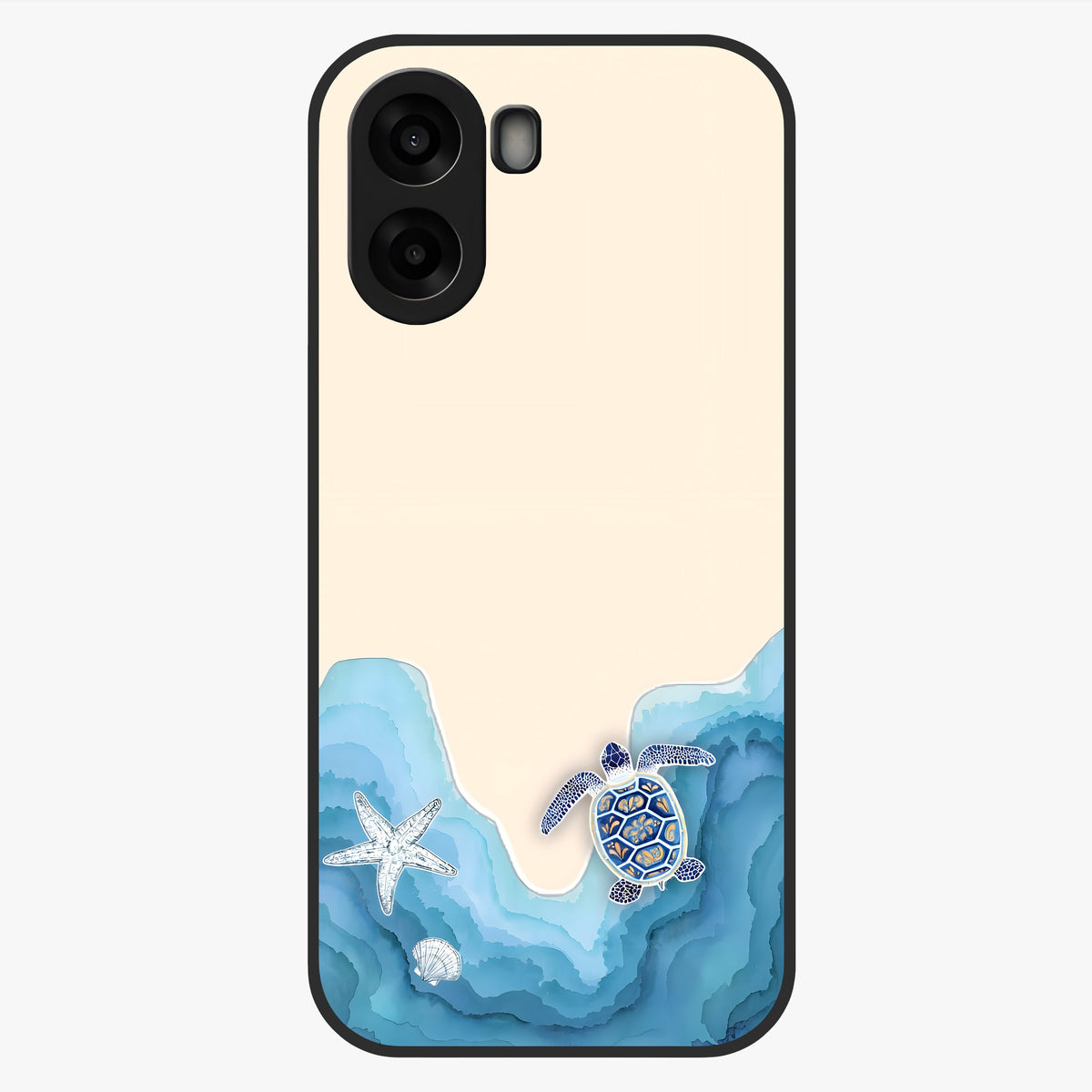 Ocean Drift Turtle Glass Case showing flat back view with sea turtle artwork and glossy glass finish.
