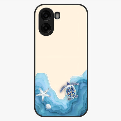 Ocean Drift Turtle Glass Case showing flat back view with sea turtle artwork and glossy glass finish.