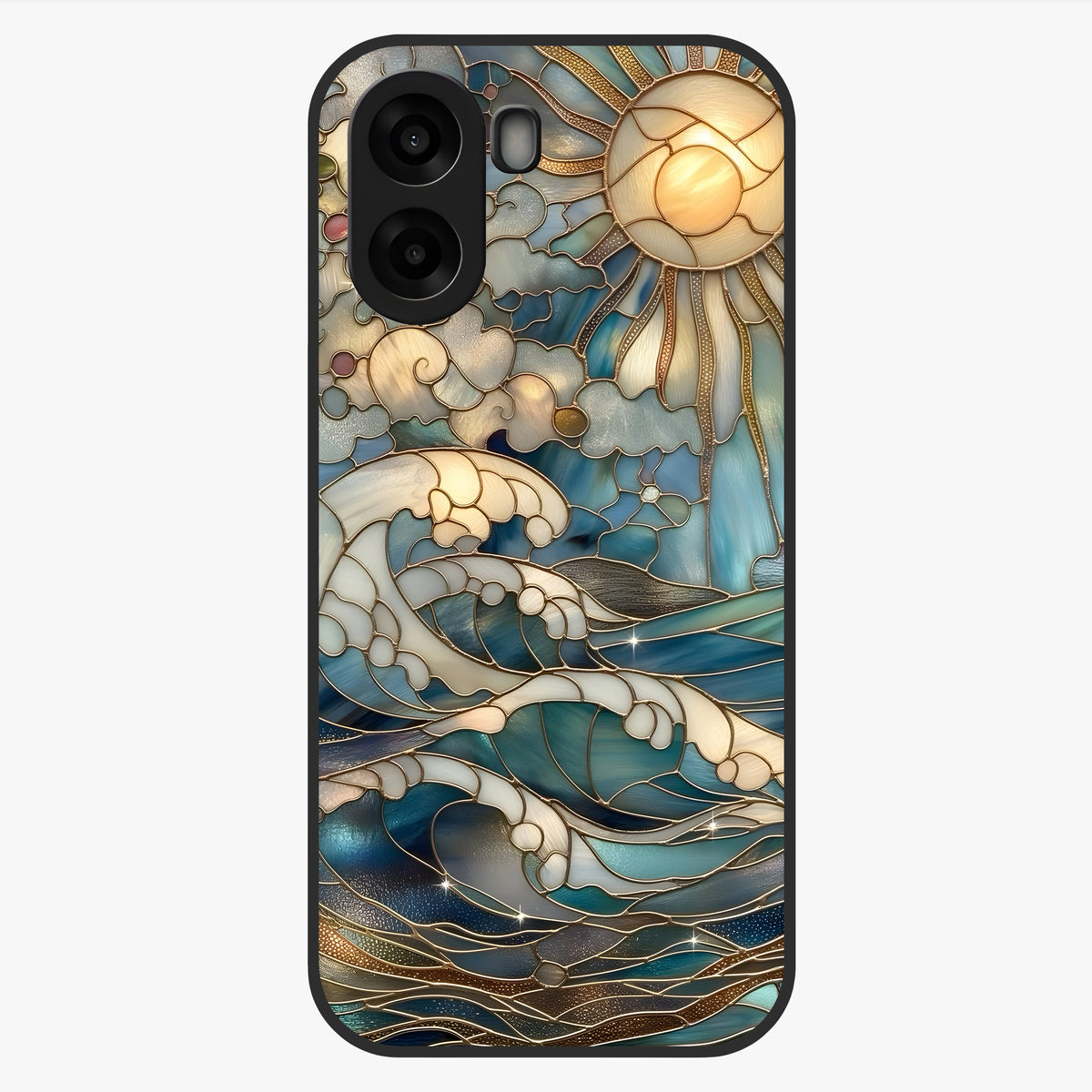 Oceanic Stained Printed Glass Case showing flat back view with ocean inspired stained pattern artwork and glossy glass finish.