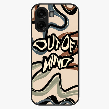Out Of Mind Glass Case showing flat back view with expressive typography artwork and glossy glass finish.