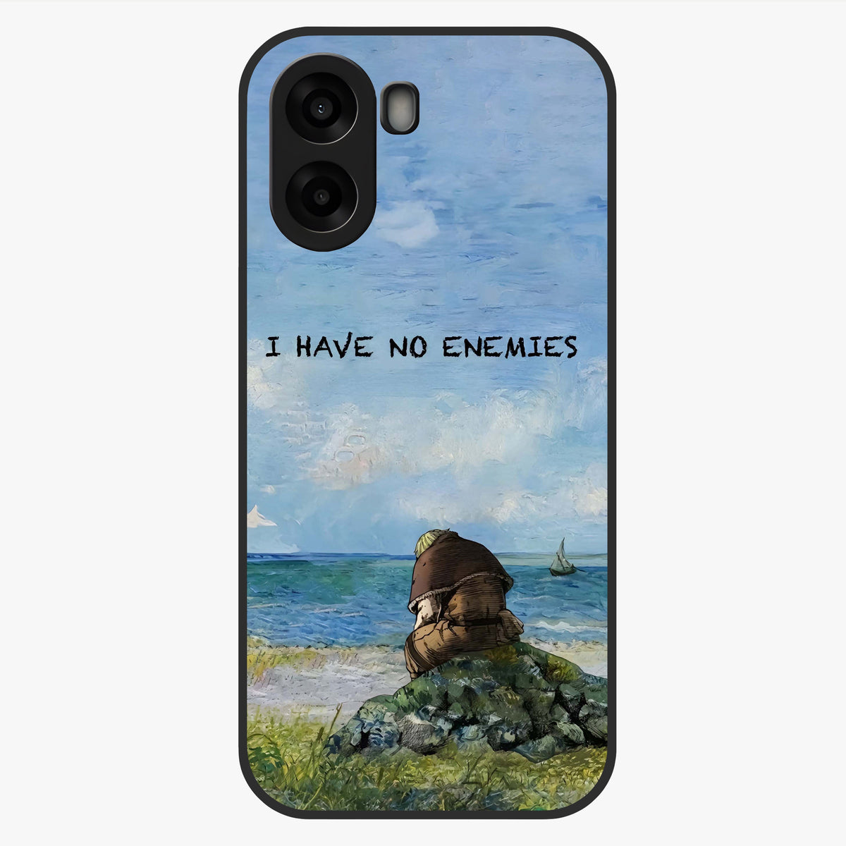 Peace Beyond War Glass Case showing flat back view with symbolic peace themed artwork and glossy glass finish.