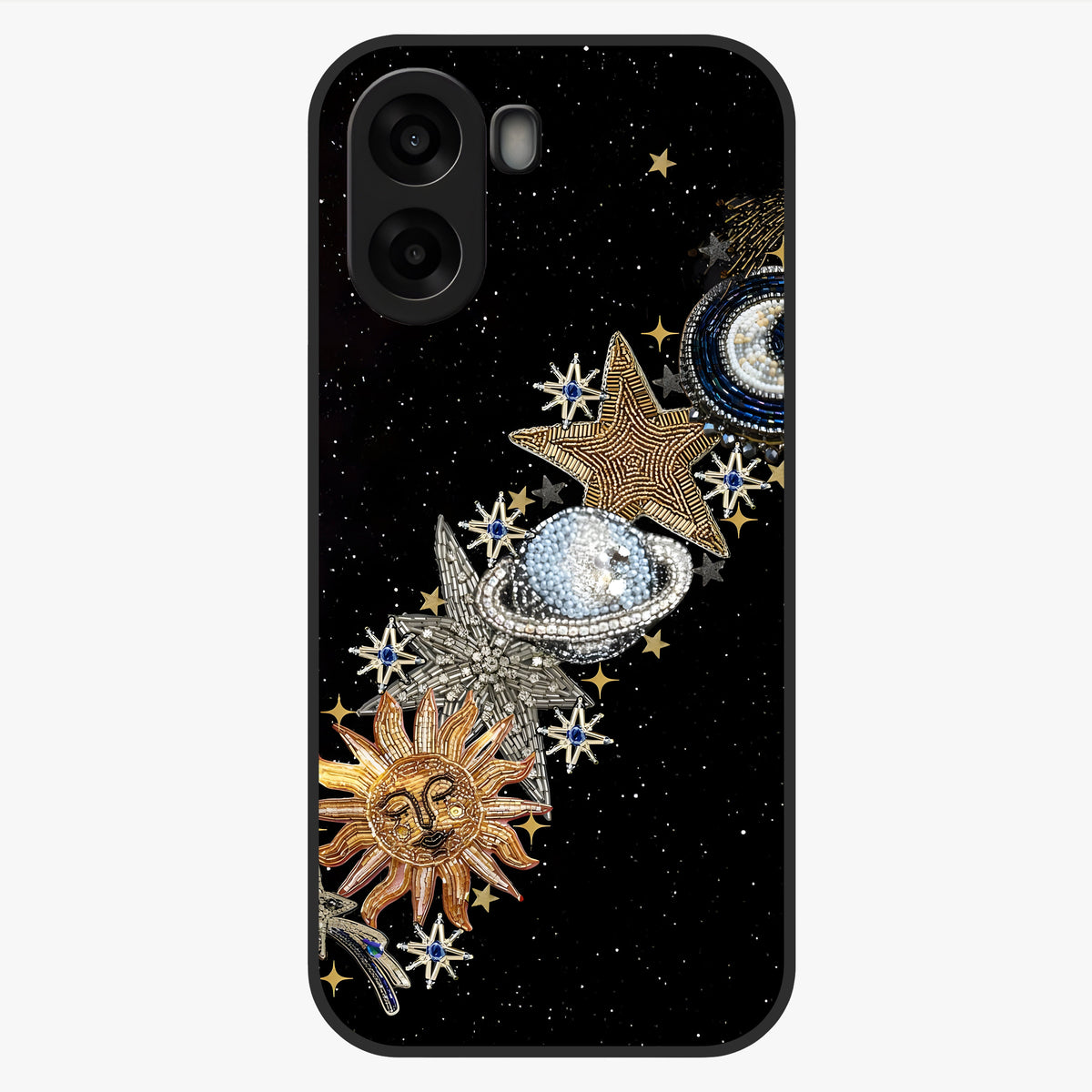 Pearls Universe Object Glass Case showing flat back view with pearl inspired cosmic artwork and glossy glass finish.