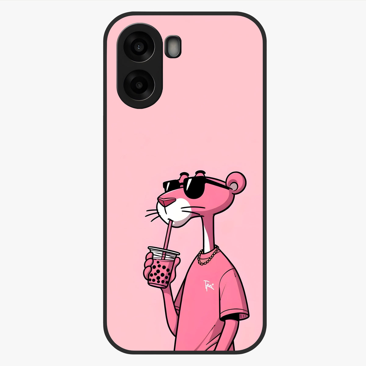 Pink Panther Glass Case showing flat back view with iconic pink panther artwork and glossy glass finish.