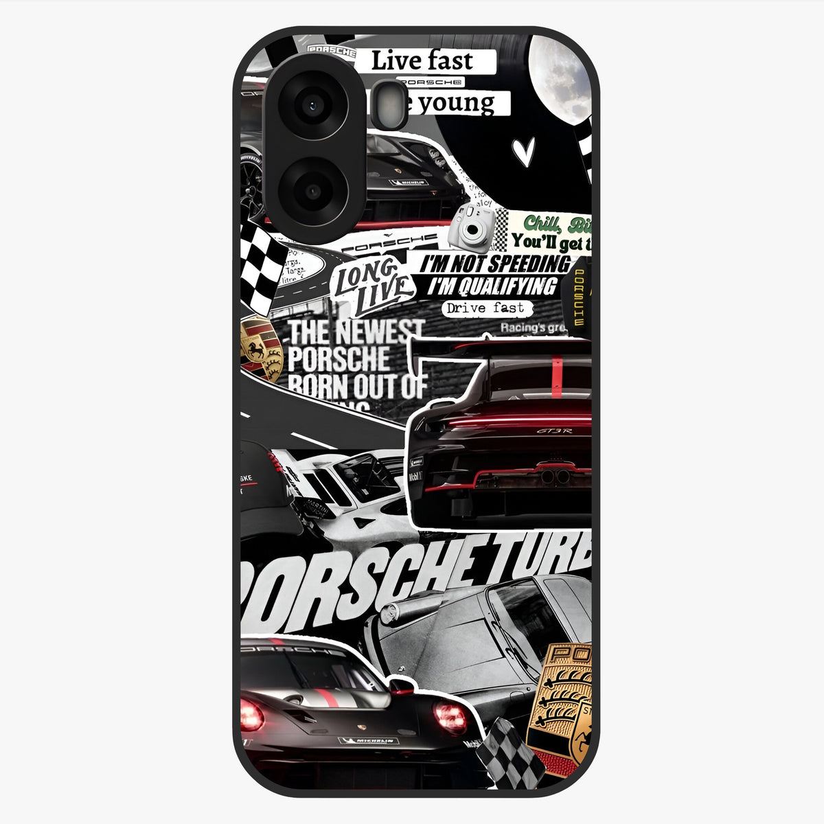Porsche Racing Collage Glass Case showing flat back view with sports car racing collage artwork and glossy glass finish.