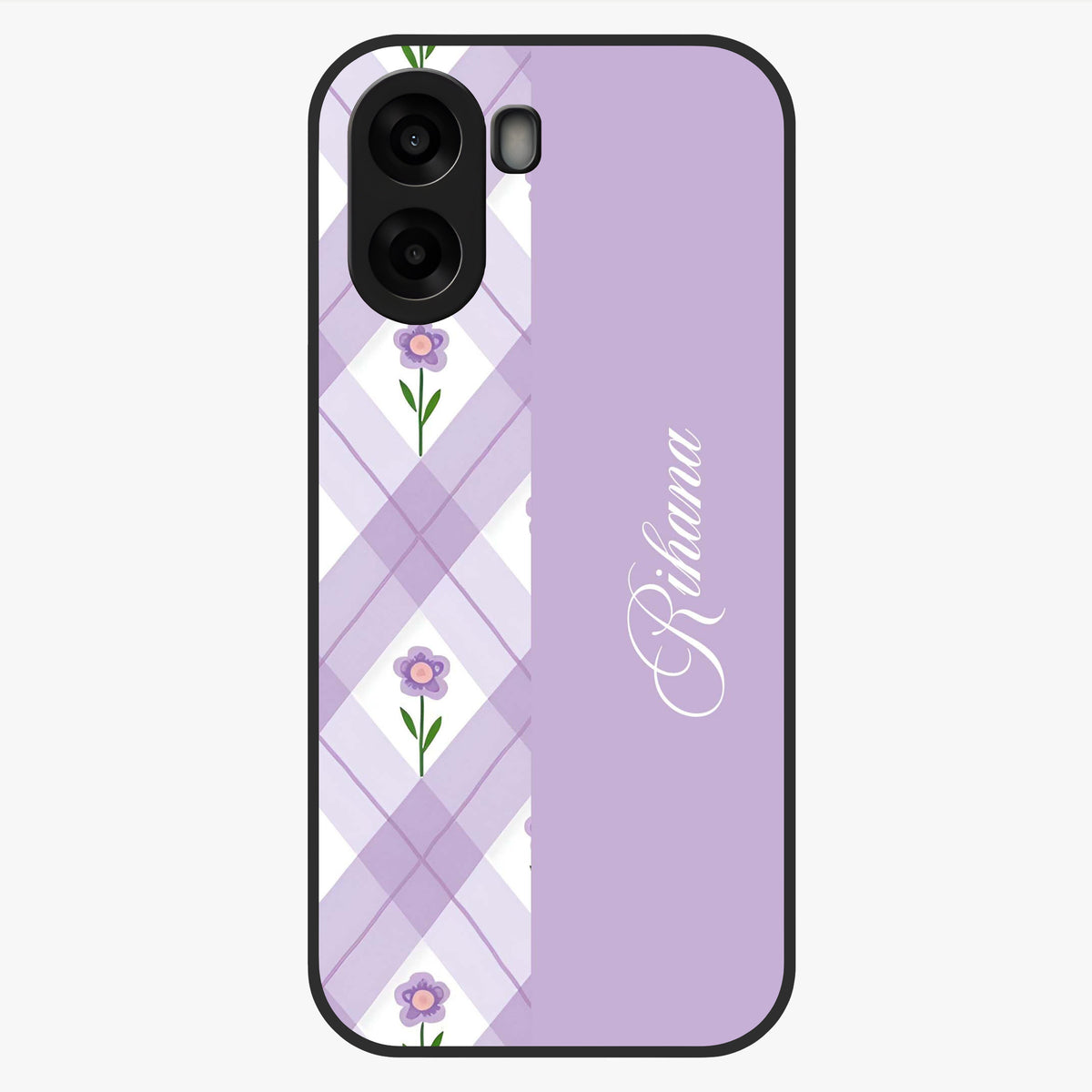 Purple Diamond Floral Glass Case showing flat back view with diamond shaped floral artwork and glossy glass finish.