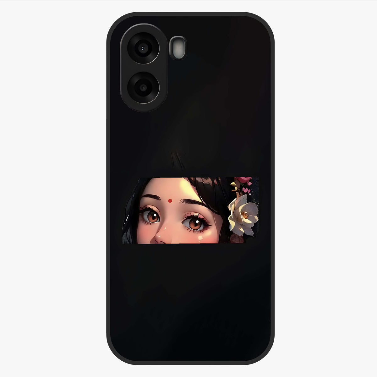 Radha Divine Embrace Glass Case showing flat back view with devotional Radha artwork and glossy glass finish.