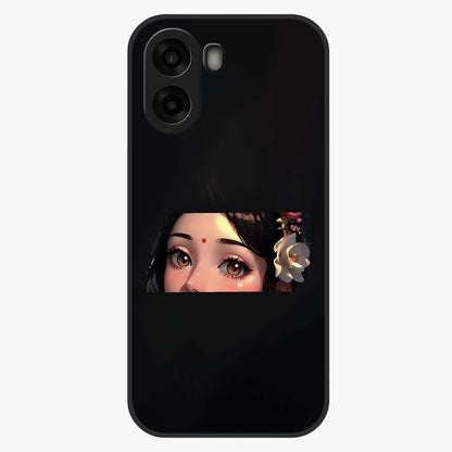 Radha Divine Embrace Glass Case showing flat back view with devotional Radha artwork and glossy glass finish.