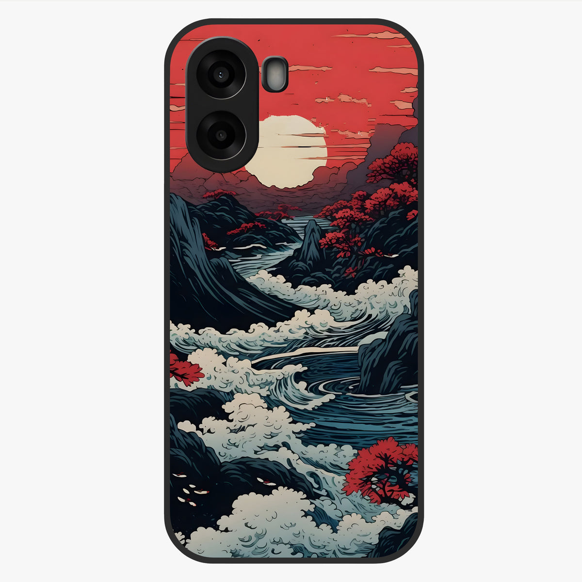 Red Sunset Scenery Glass Case showing flat back view with vibrant sunset landscape artwork and glossy glass finish.
