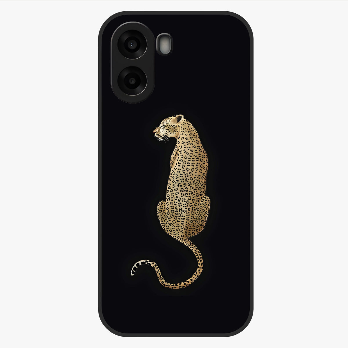 Regal Leopard Glass Case showing flat back view with bold leopard artwork and glossy glass finish.