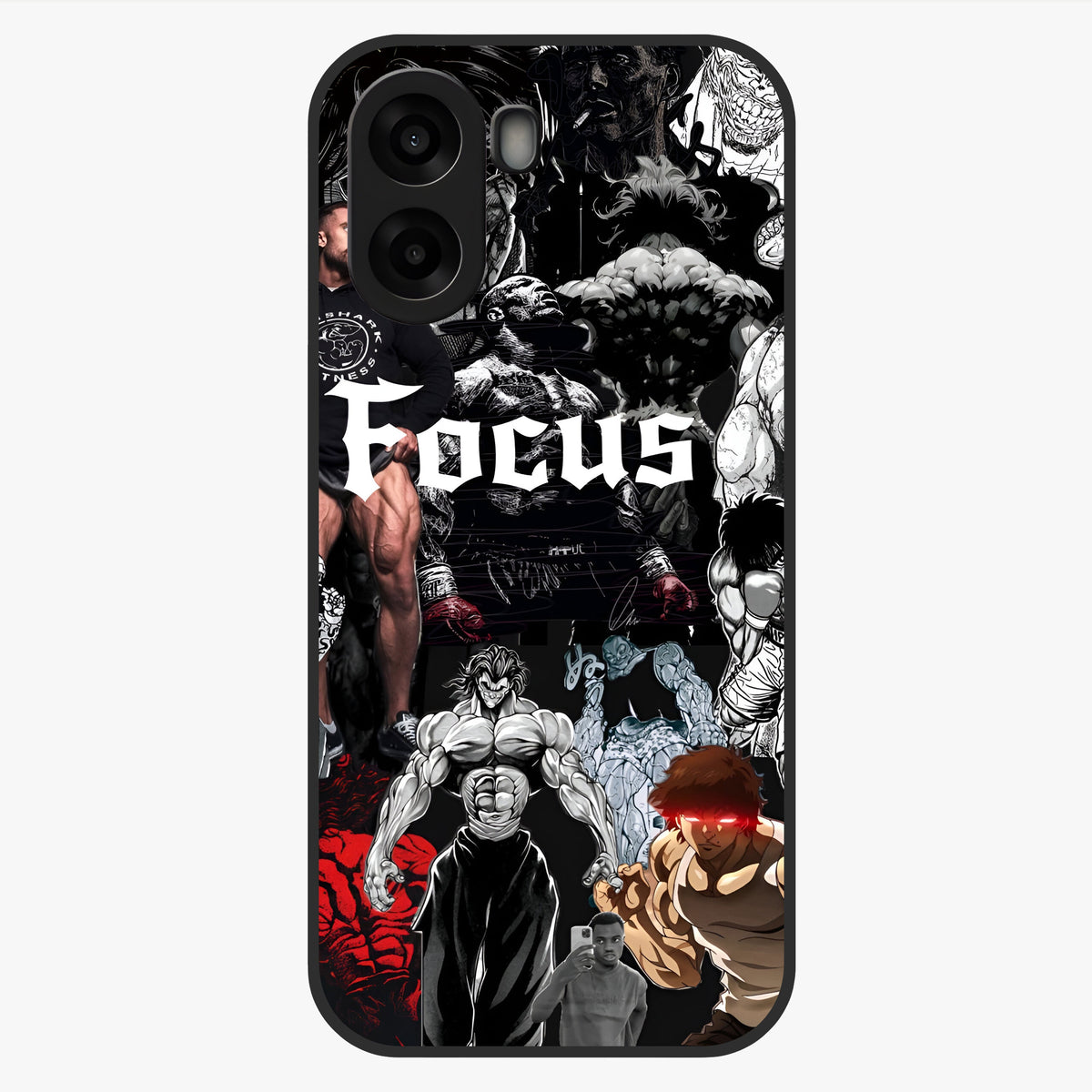 Relentless Power Focus Glass Case showing flat back view with motivational typography artwork and glossy glass finish.