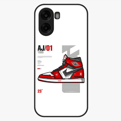 Retro Sneaker Blueprint Glass Case showing flat back view with sneaker blueprint style artwork and glossy glass finish.