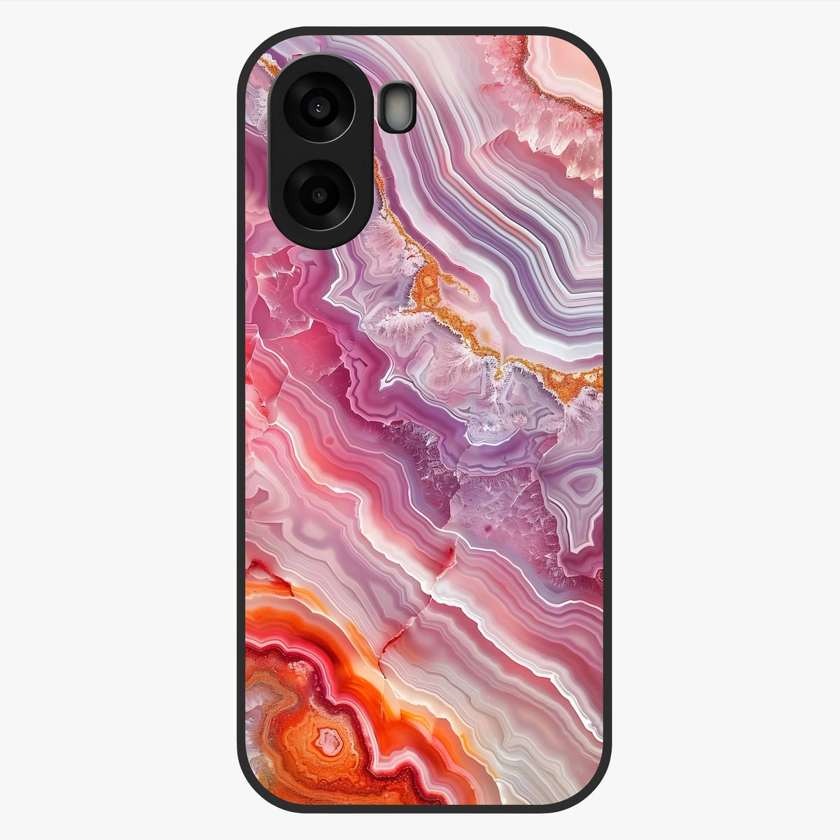 Rose Quartz Marble Glass Case showing flat back view with pink marble quartz texture artwork and glossy glass finish.