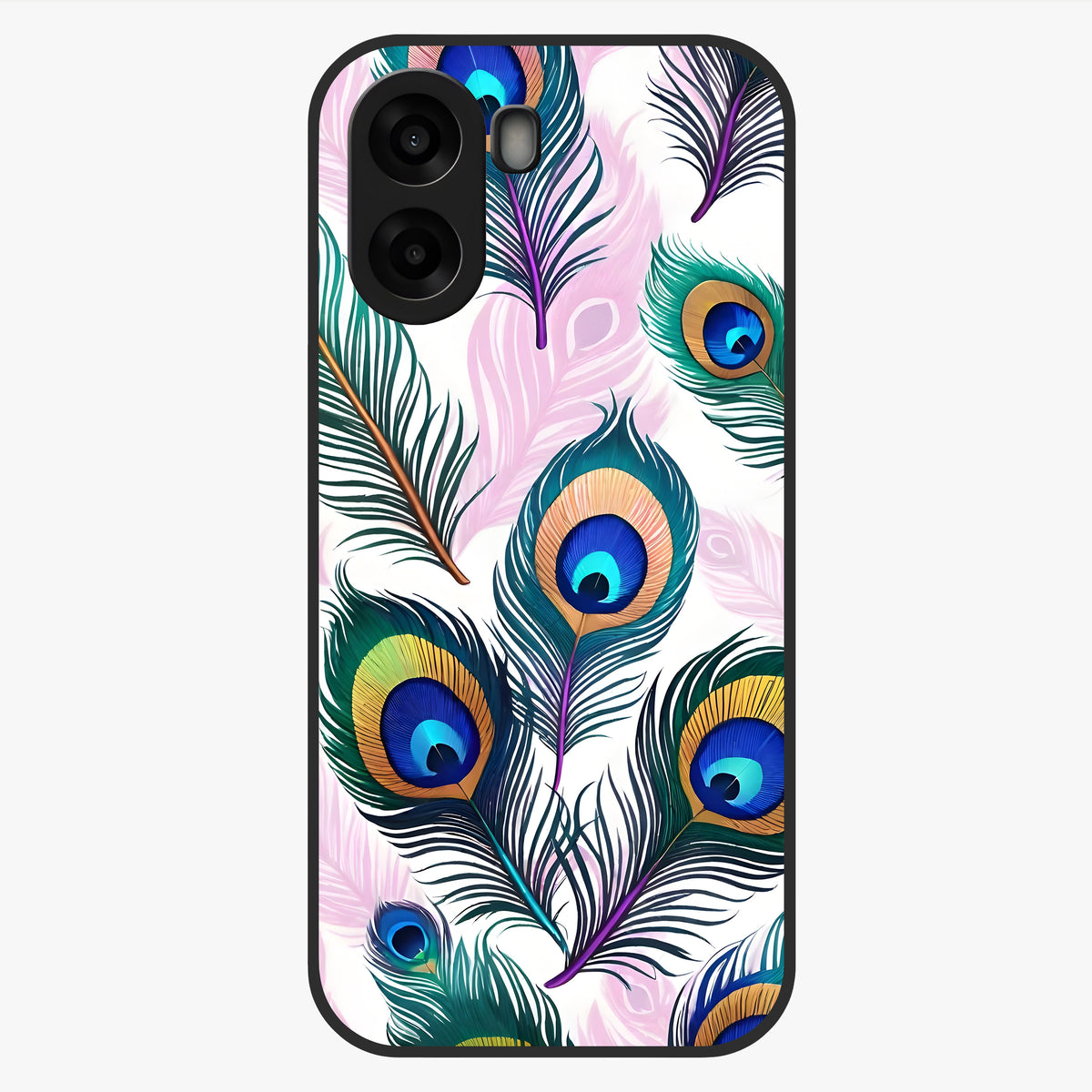 Royal Peacock Feathers Glass Case showing flat back view with colorful peacock feather artwork and glossy glass finish.