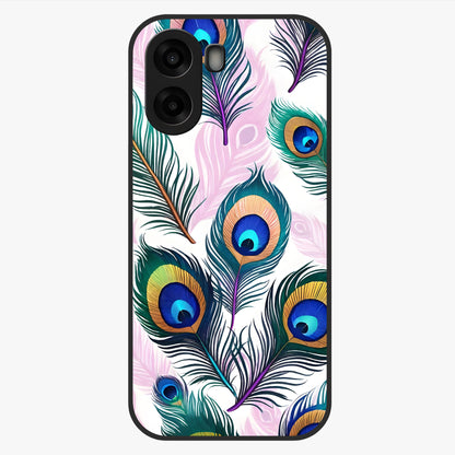 Royal Peacock Feathers Glass Case showing flat back view with colorful peacock feather artwork and glossy glass finish.