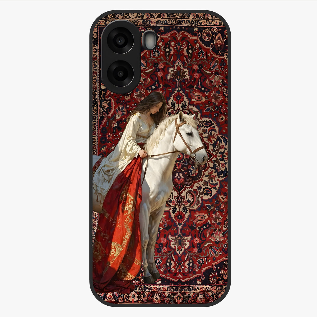 Royal Rider Tapestry Glass Case showing flat back view with majestic horse rider tapestry artwork and glossy glass finish.