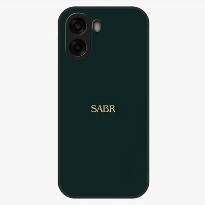 Sabr Minimal Patience Glass Case showing flat back view with minimalist typography artwork and glossy glass finish.