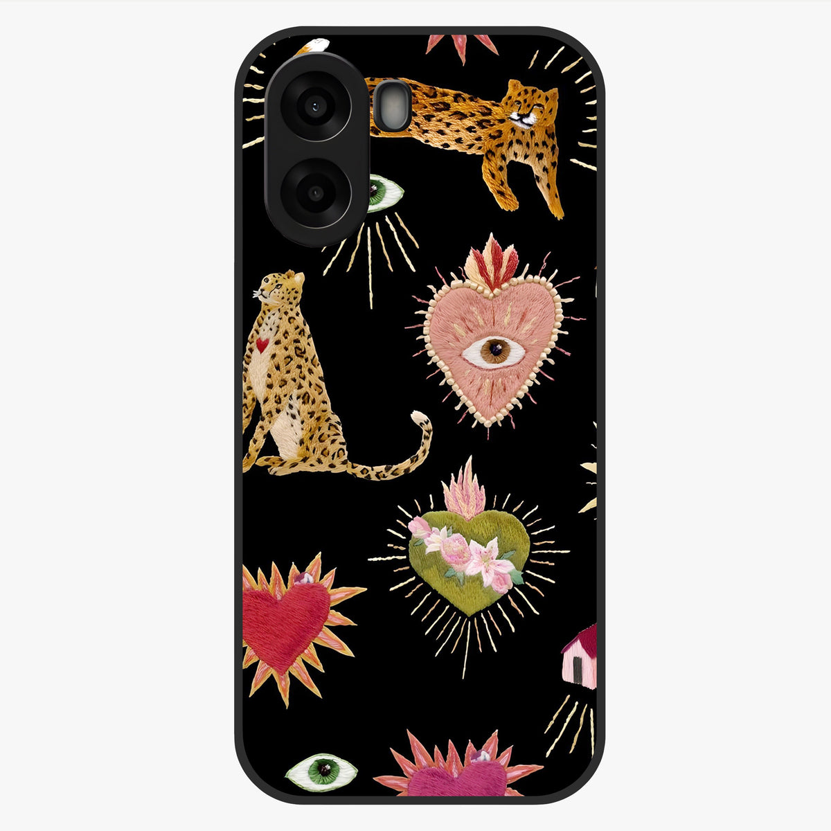 Sacred Jungle Heart Glass Case showing flat back view with jungle inspired heart artwork and glossy glass finish.