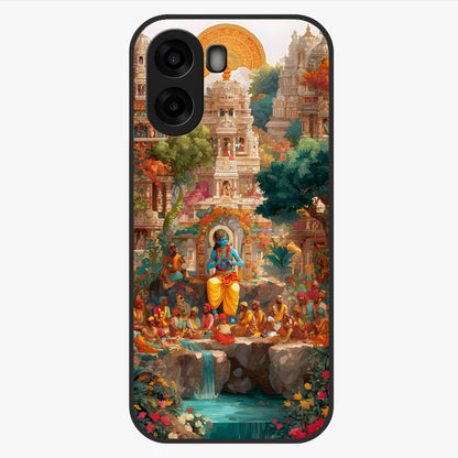 Sacred Sunlight Gods Glass Case showing flat back view with divine sunlight themed artwork and glossy glass finish.