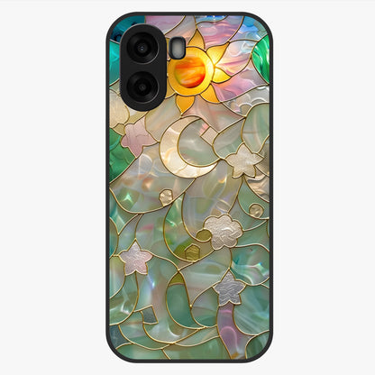 Stained Sunrise Glow Glass Case showing flat back view with glowing sunrise stained pattern artwork and glossy glass finish.