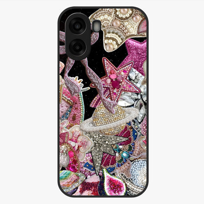 Starlit Jewel Dream Glass Case showing flat back view with sparkling jewel and star themed artwork and glossy glass finish.