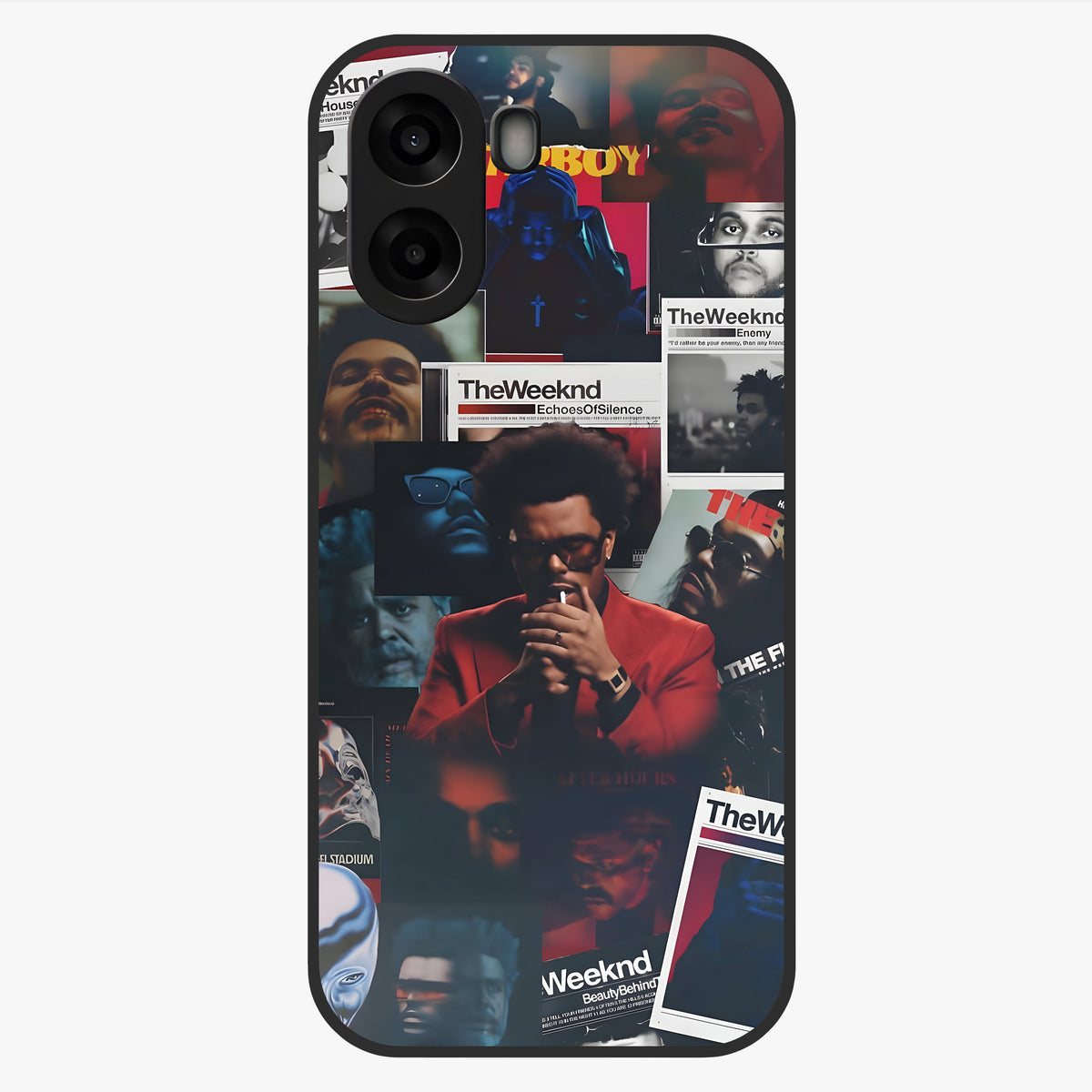 The Weeknd Glass Case showing flat back view with music inspired artistic portrait artwork and glossy glass finish.
