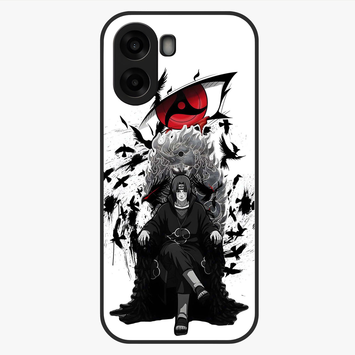 Uchiha Shadow Throne Glass Case showing flat back view with cosmic underwater themed artwork and glossy glass finish.
