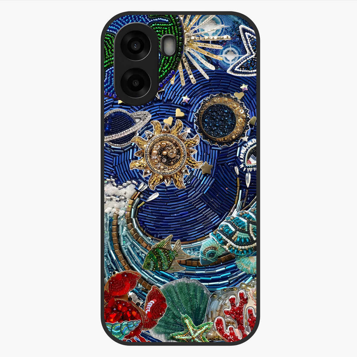 Universe Underwater Spark Glass Case showing flat back view with cosmic underwater themed artwork and glossy glass finish.