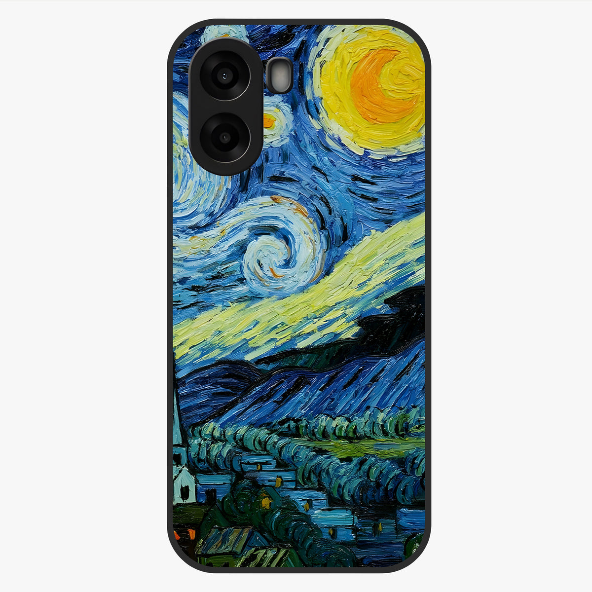Van Gogh Art Glass Case showing flat back view with classic painterly artwork inspired by Van Gogh style and glossy glass finish.