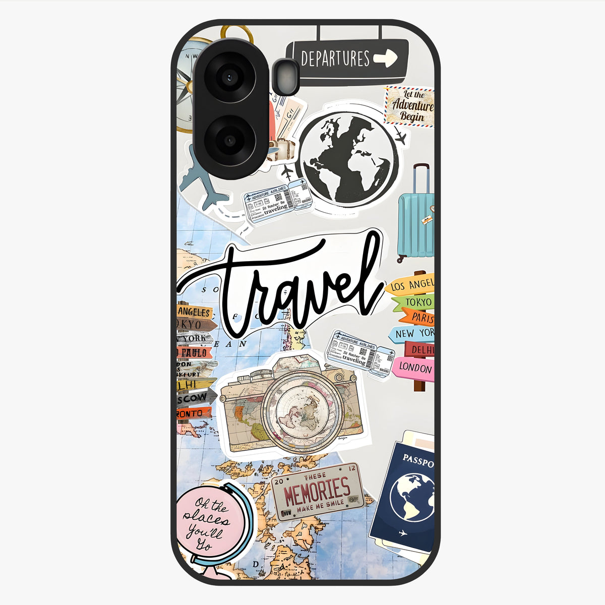 Wanderlust Journal Glass Case showing flat back view with travel inspired artwork and glossy glass finish.