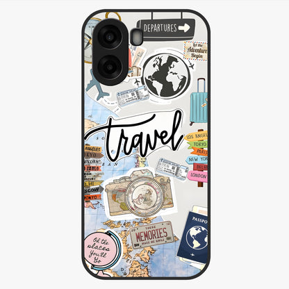 Wanderlust Journal Glass Case showing flat back view with travel inspired artwork and glossy glass finish.