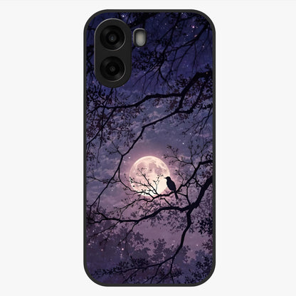 Whispering Moon Silence Glass Case showing flat back view with serene moon themed artwork and glossy glass finish.