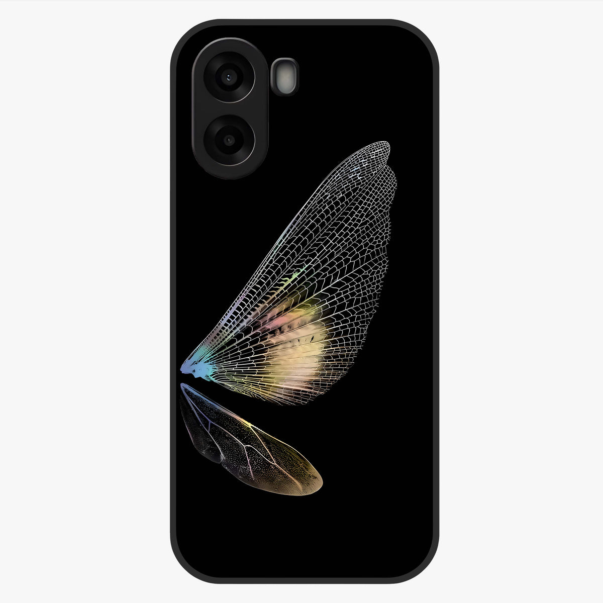 Whispers Of Wings Glass Case showing flat back view with graceful wing inspired artwork and glossy glass finish.
