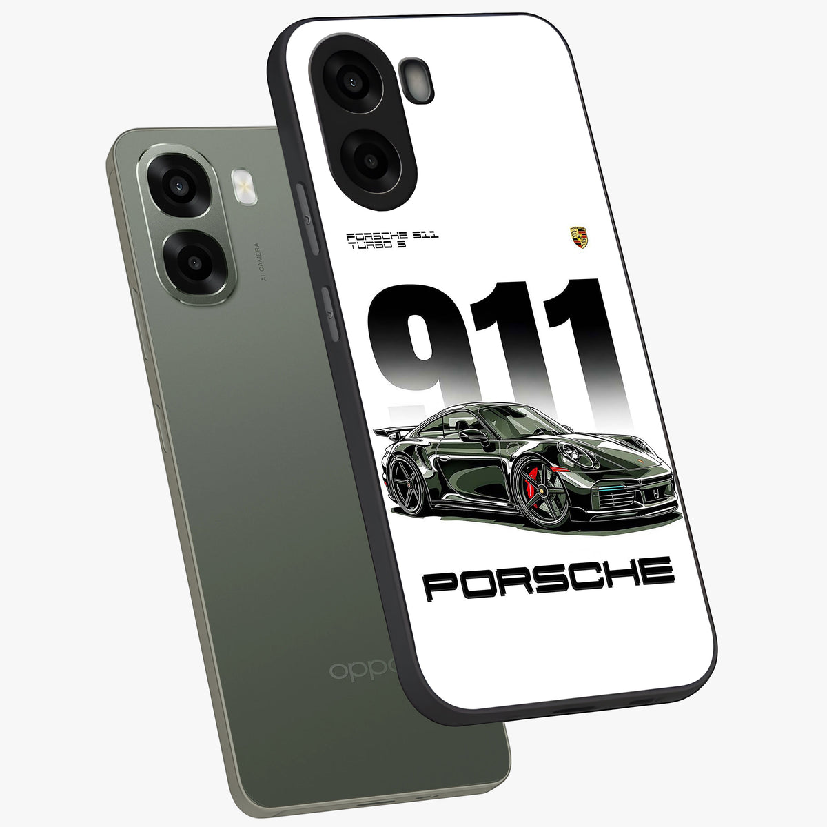 911 Turbo Dominance Glass Case displayed in premium angled mockup highlighting sporty car illustration and sleek glass surface.