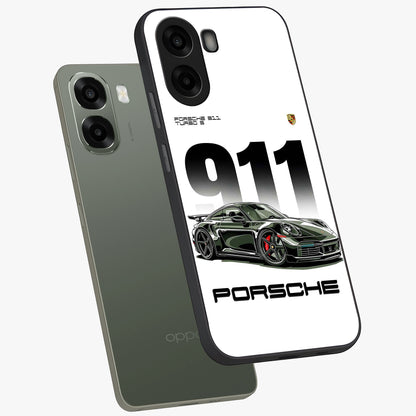 911 Turbo Dominance Glass Case displayed in premium angled mockup highlighting sporty car illustration and sleek glass surface.