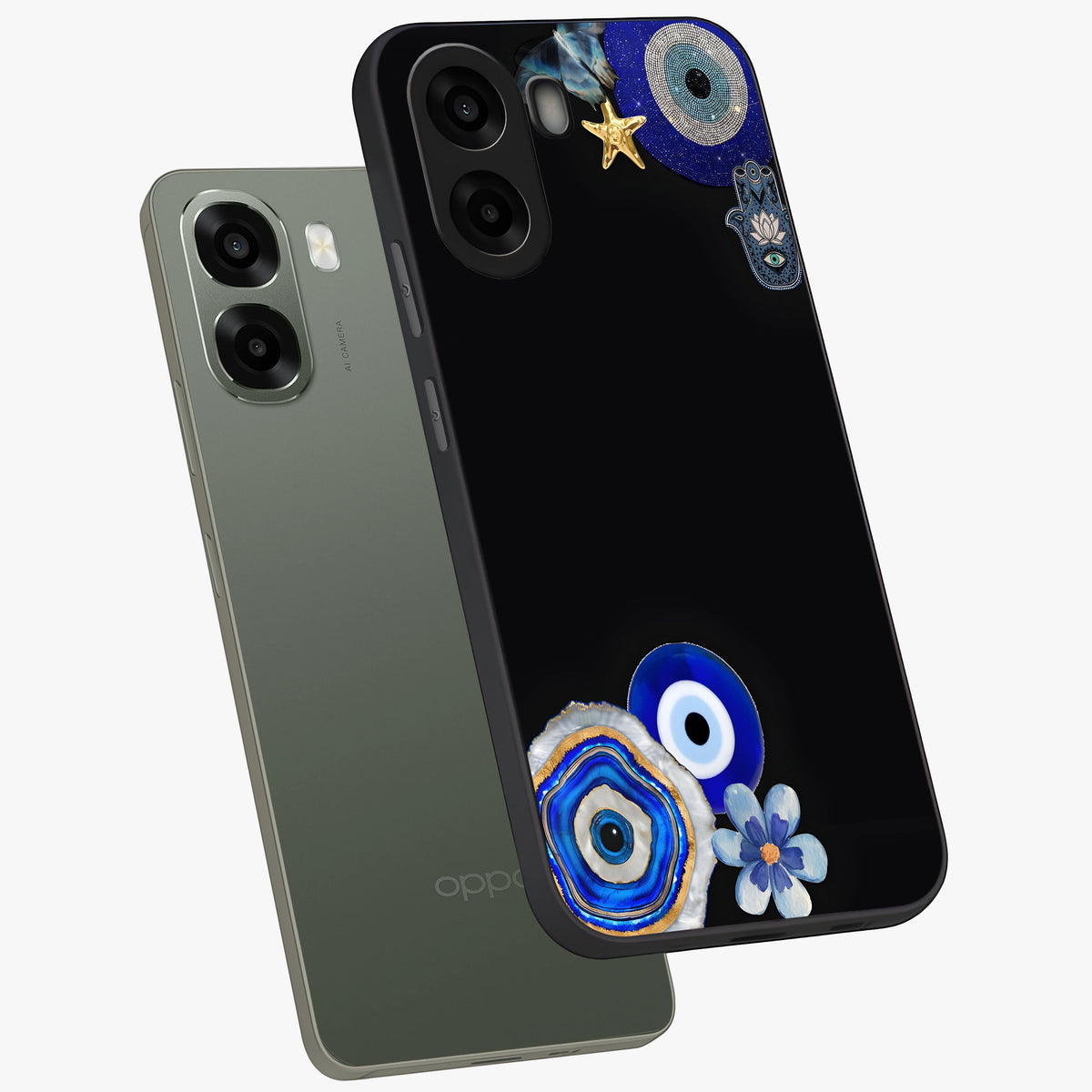 Aesthetic Blue Evil Eye Glass Case displayed in angled mockup highlighting blue evil eye symbol and spiritual aesthetic design.