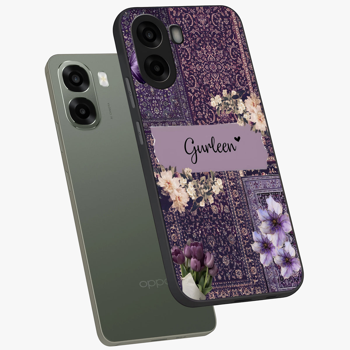 Antique Floral Whisper Custom Name Glass Case displayed in angled mockup highlighting elegant antique floral aesthetic.