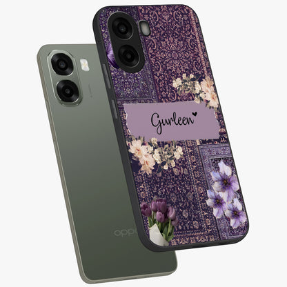 Antique Floral Whisper Custom Name Glass Case displayed in angled mockup highlighting elegant antique floral aesthetic.