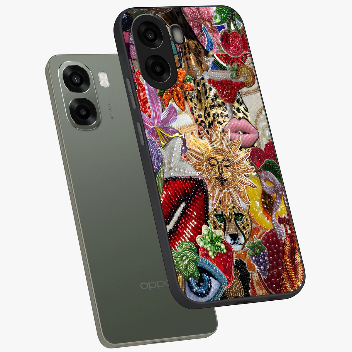 Beaded Fashion Jungle Glass Case displayed in angled mockup highlighting colorful fashion bead design and artistic pattern.