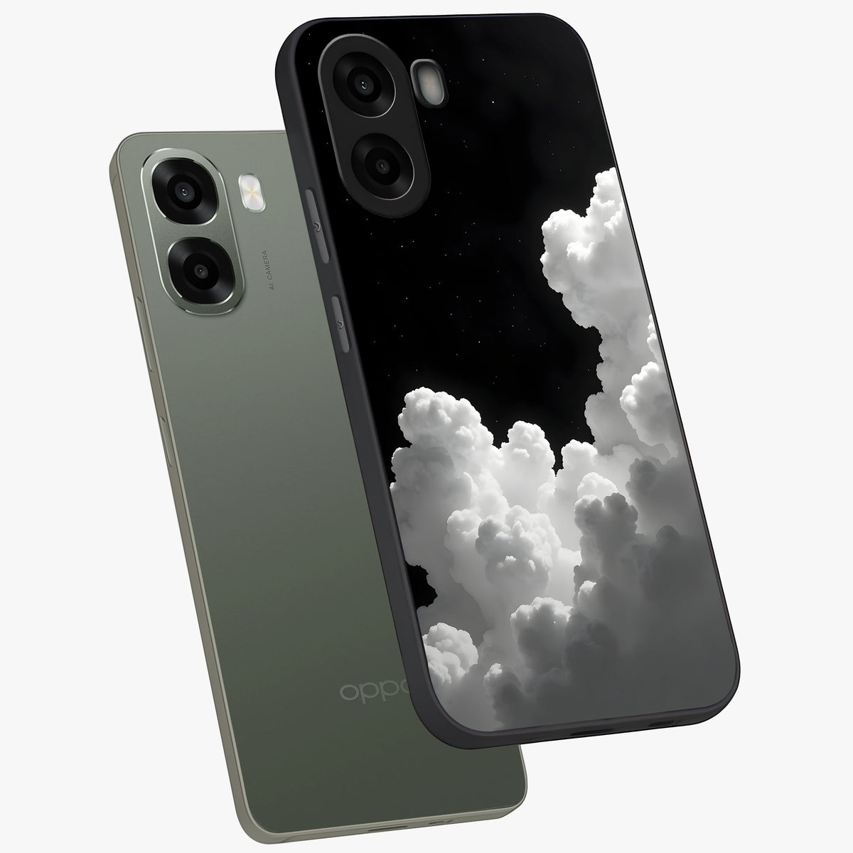 Black Background With White Cloud Glass Case displayed in angled mockup highlighting soft white cloud illustration and minimal design.