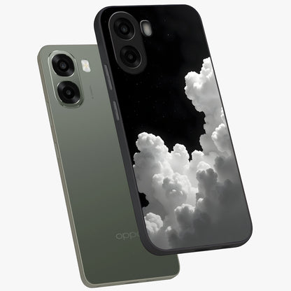 Black Background With White Cloud Glass Case displayed in angled mockup highlighting soft white cloud illustration and minimal design.