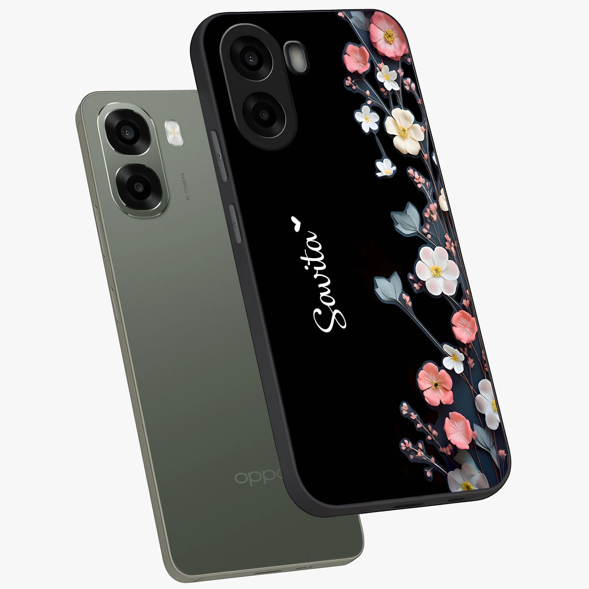Black Elegance Floral Custom Name Glass Case displayed in angled mockup highlighting dark floral aesthetic and custom name feature.