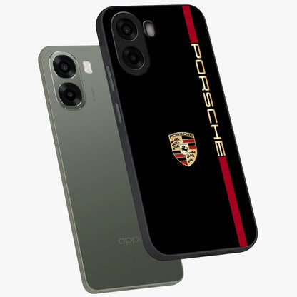 Black Minimal Porsche Glass Case displayed in angled mockup highlighting modern minimal car illustration and clean aesthetic design.